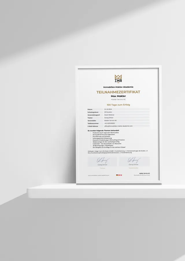 Weiterbildungs-Zertifikat gemäß § 15b Absatz 1 MaBV von der Lernplattform Immobilien-Makler-Akademie